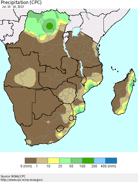 Southern Africa Precipitation (CPC) Thematic Map For 7/10/2023 - 7/16/2023