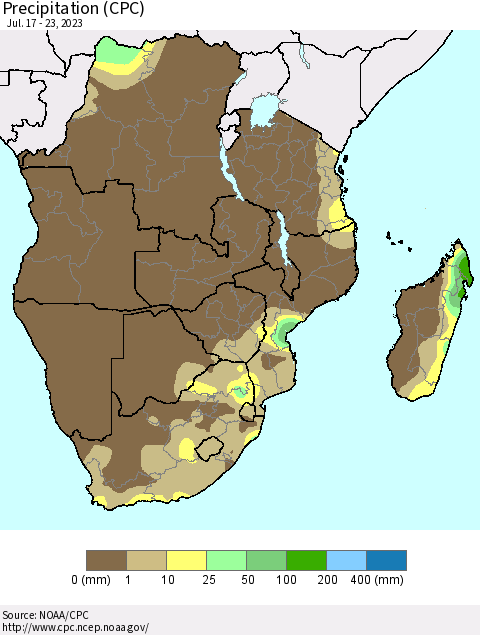 Southern Africa Precipitation (CPC) Thematic Map For 7/17/2023 - 7/23/2023