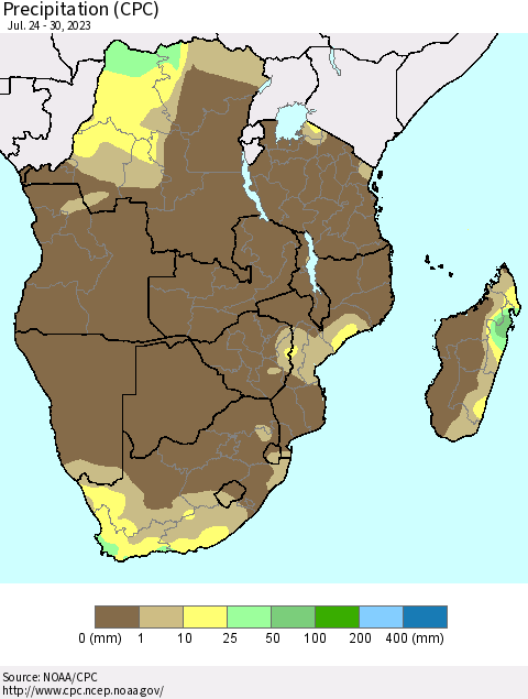 Southern Africa Precipitation (CPC) Thematic Map For 7/24/2023 - 7/30/2023