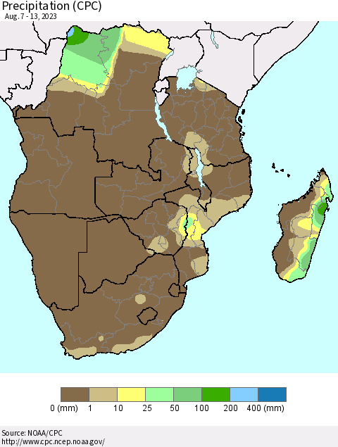 Southern Africa Precipitation (CPC) Thematic Map For 8/7/2023 - 8/13/2023