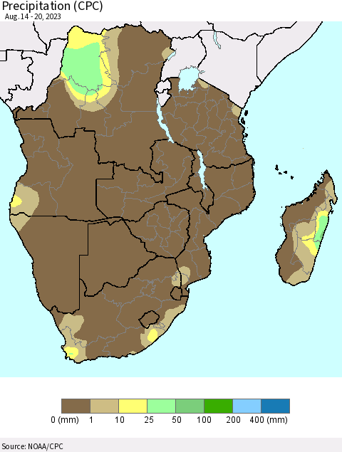 Southern Africa Precipitation (CPC) Thematic Map For 8/14/2023 - 8/20/2023