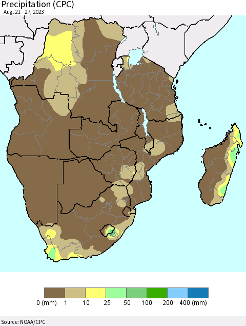 Southern Africa Precipitation (CPC) Thematic Map For 8/21/2023 - 8/27/2023