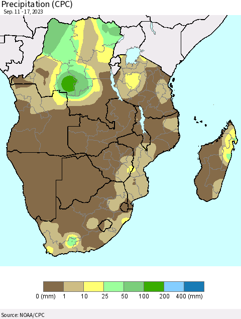 Southern Africa Precipitation (CPC) Thematic Map For 9/11/2023 - 9/17/2023