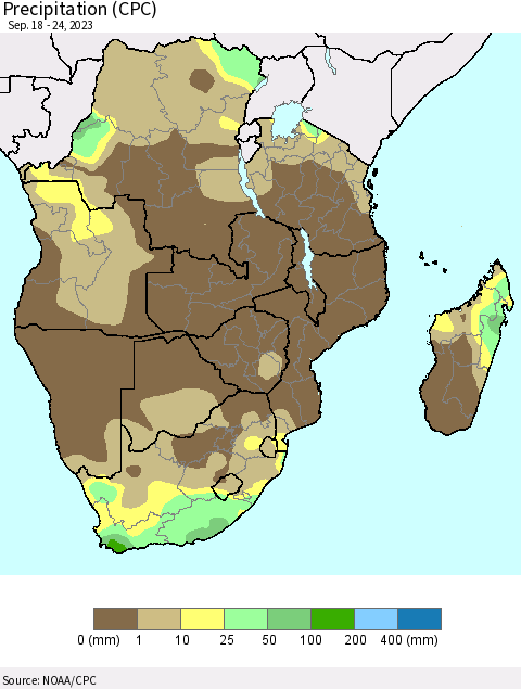 Southern Africa Precipitation (CPC) Thematic Map For 9/18/2023 - 9/24/2023