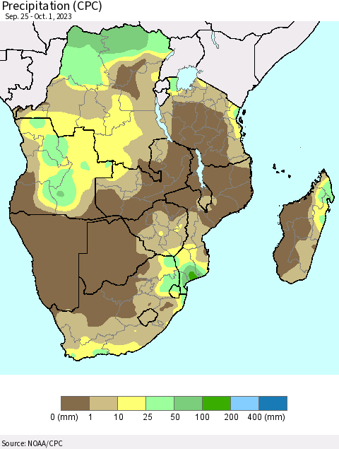 Southern Africa Precipitation (CPC) Thematic Map For 9/25/2023 - 10/1/2023