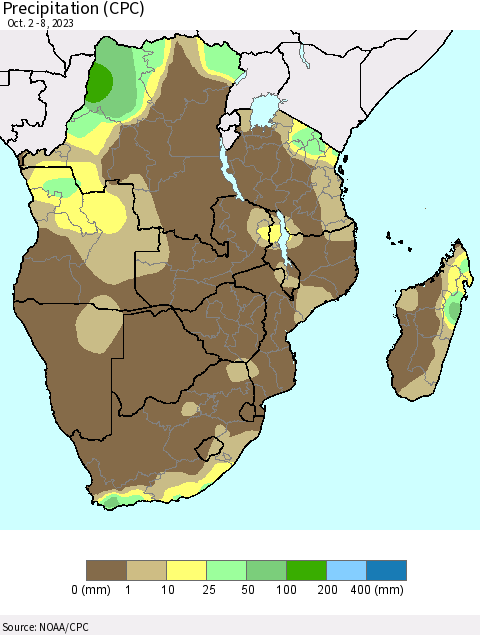 Southern Africa Precipitation (CPC) Thematic Map For 10/2/2023 - 10/8/2023