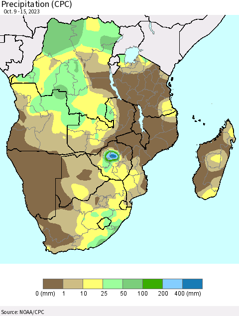 Southern Africa Precipitation (CPC) Thematic Map For 10/9/2023 - 10/15/2023