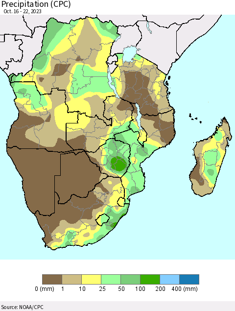 Southern Africa Precipitation (CPC) Thematic Map For 10/16/2023 - 10/22/2023