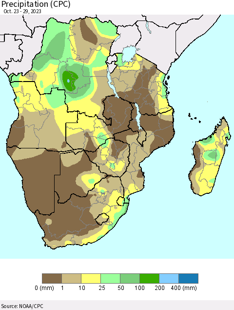 Southern Africa Precipitation (CPC) Thematic Map For 10/23/2023 - 10/29/2023
