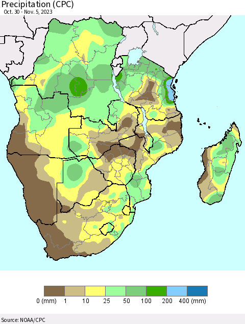Southern Africa Precipitation (CPC) Thematic Map For 10/30/2023 - 11/5/2023