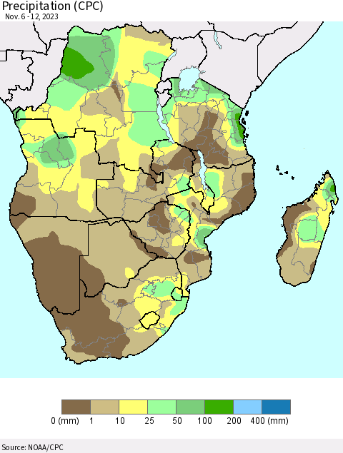 Southern Africa Precipitation (CPC) Thematic Map For 11/6/2023 - 11/12/2023