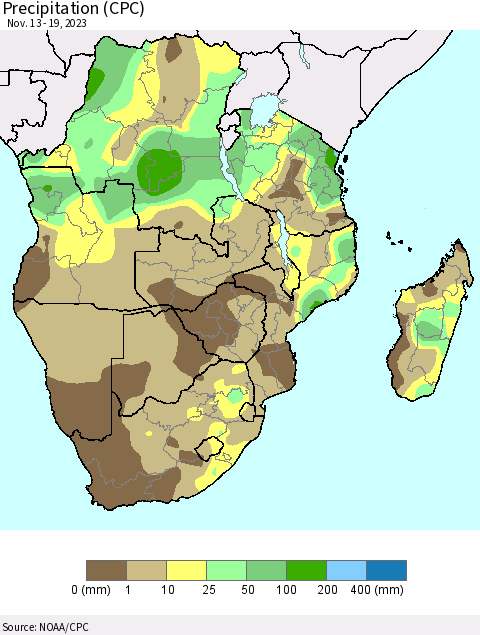 Southern Africa Precipitation (CPC) Thematic Map For 11/13/2023 - 11/19/2023