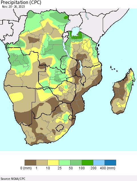 Southern Africa Precipitation (CPC) Thematic Map For 11/20/2023 - 11/26/2023