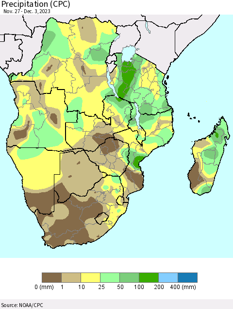 Southern Africa Precipitation (CPC) Thematic Map For 11/27/2023 - 12/3/2023