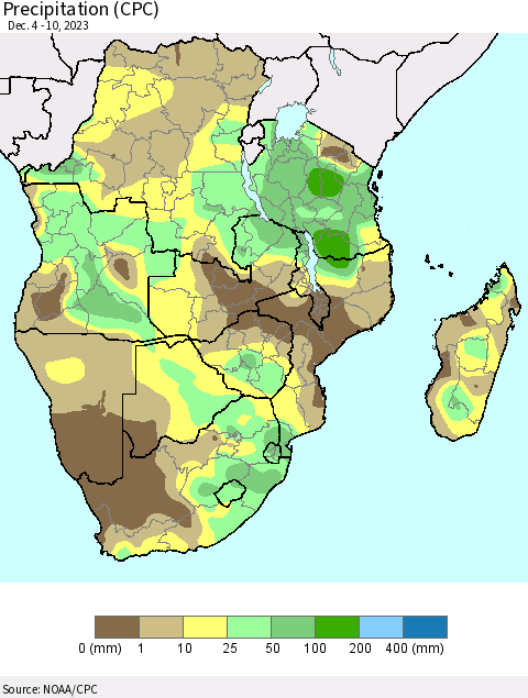 Southern Africa Precipitation (CPC) Thematic Map For 12/4/2023 - 12/10/2023