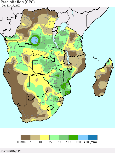 Southern Africa Precipitation (CPC) Thematic Map For 12/11/2023 - 12/17/2023