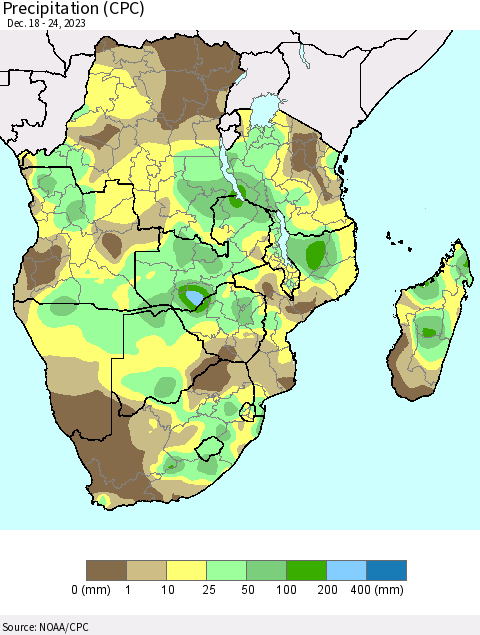 Southern Africa Precipitation (CPC) Thematic Map For 12/18/2023 - 12/24/2023