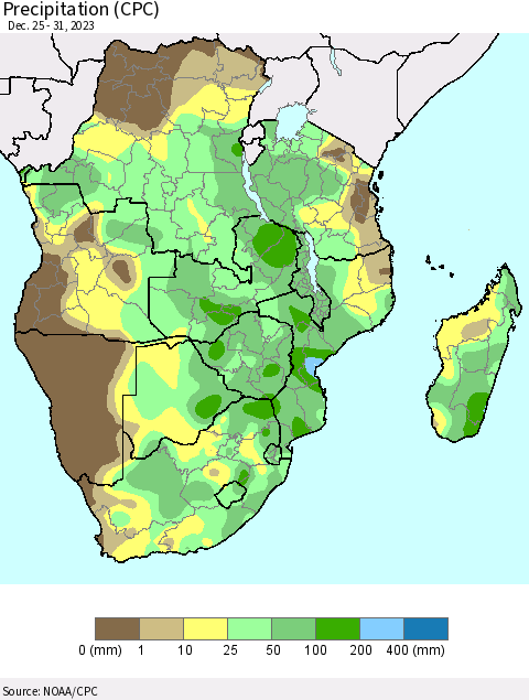Southern Africa Precipitation (CPC) Thematic Map For 12/25/2023 - 12/31/2023