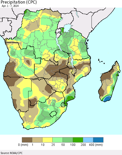 Southern Africa Precipitation (CPC) Thematic Map For 4/1/2024 - 4/7/2024