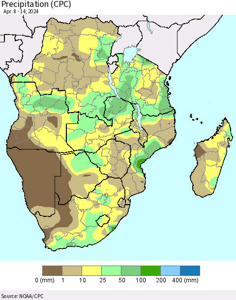 Southern Africa Precipitation (CPC) Thematic Map For 4/8/2024 - 4/14/2024