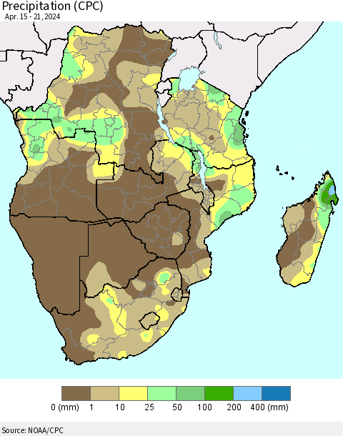 Southern Africa Precipitation (CPC) Thematic Map For 4/15/2024 - 4/21/2024