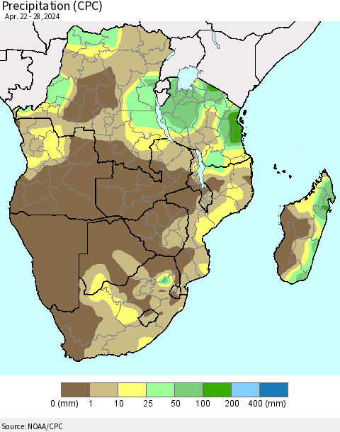 Southern Africa Precipitation (CPC) Thematic Map For 4/22/2024 - 4/28/2024