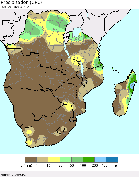 Southern Africa Precipitation (CPC) Thematic Map For 4/29/2024 - 5/5/2024