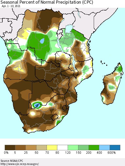 Southern Africa Seasonal Percent of Normal Precipitation (CPC) Thematic Map For 4/1/2021 - 4/10/2021
