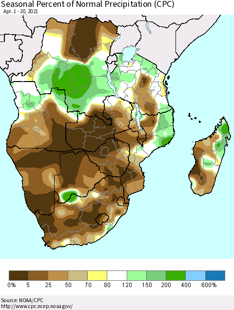 Southern Africa Seasonal Percent of Normal Precipitation (CPC) Thematic Map For 4/1/2021 - 4/20/2021