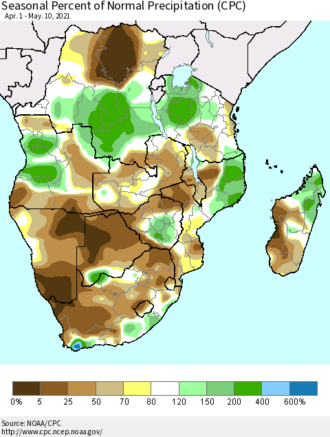 Southern Africa Seasonal Percent of Normal Precipitation (CPC) Thematic Map For 4/1/2021 - 5/10/2021