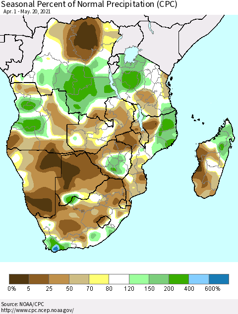 Southern Africa Seasonal Percent of Normal Precipitation (CPC) Thematic Map For 4/1/2021 - 5/20/2021