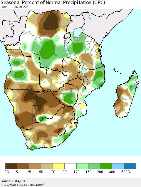 Southern Africa Seasonal Percent of Normal Precipitation (CPC) Thematic Map For 4/1/2021 - 6/10/2021