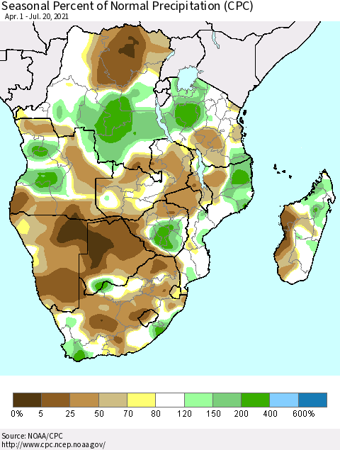 Southern Africa Seasonal Percent of Normal Precipitation (CPC) Thematic Map For 4/1/2021 - 7/20/2021