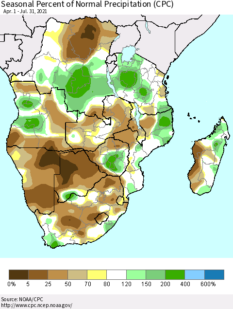 Southern Africa Seasonal Percent of Normal Precipitation (CPC) Thematic Map For 4/1/2021 - 7/31/2021