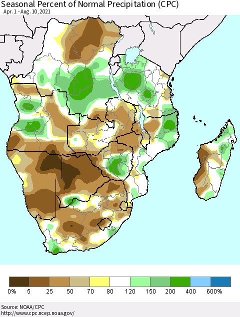 Southern Africa Seasonal Percent of Normal Precipitation (CPC) Thematic Map For 4/1/2021 - 8/10/2021