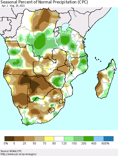 Southern Africa Seasonal Percent of Normal Precipitation (CPC) Thematic Map For 4/1/2021 - 8/20/2021