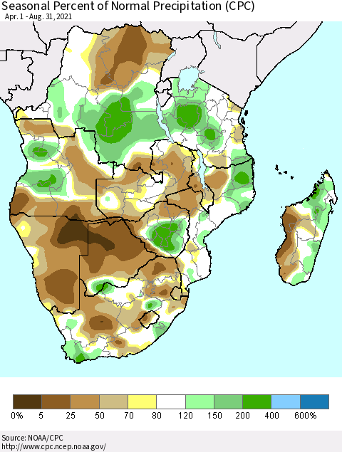 Southern Africa Seasonal Percent of Normal Precipitation (CPC) Thematic Map For 4/1/2021 - 8/31/2021
