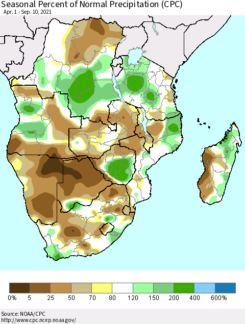 Southern Africa Seasonal Percent of Normal Precipitation (CPC) Thematic Map For 4/1/2021 - 9/10/2021