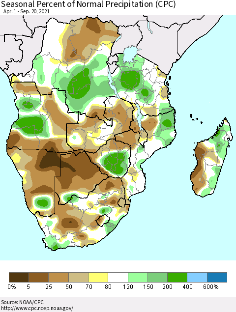 Southern Africa Seasonal Percent of Normal Precipitation (CPC) Thematic Map For 4/1/2021 - 9/20/2021