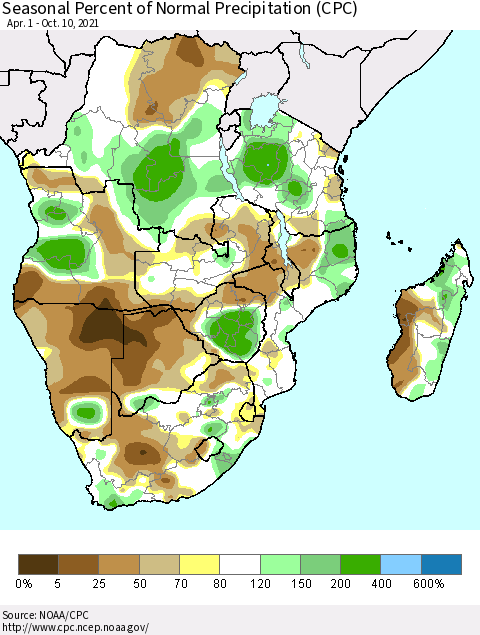 Southern Africa Seasonal Percent of Normal Precipitation (CPC) Thematic Map For 4/1/2021 - 10/10/2021
