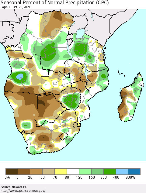Southern Africa Seasonal Percent of Normal Precipitation (CPC) Thematic Map For 4/1/2021 - 10/20/2021