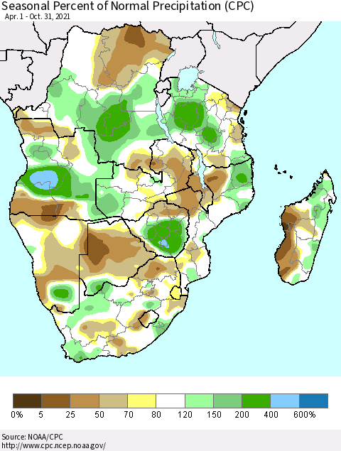 Southern Africa Seasonal Percent of Normal Precipitation (CPC) Thematic Map For 4/1/2021 - 10/31/2021