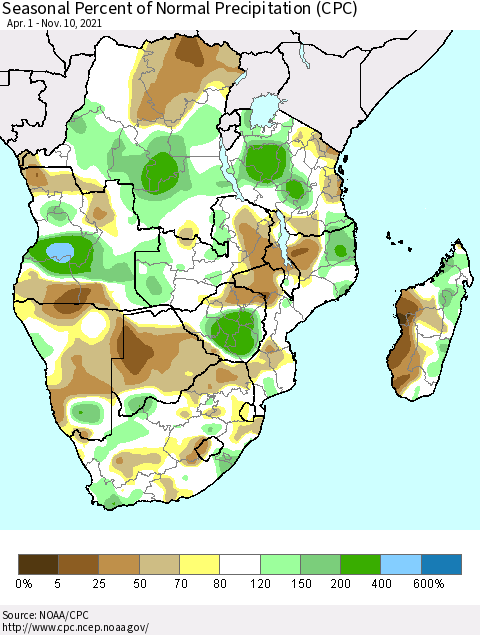 Southern Africa Seasonal Percent of Normal Precipitation (CPC) Thematic Map For 4/1/2021 - 11/10/2021