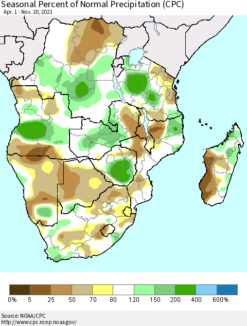 Southern Africa Seasonal Percent of Normal Precipitation (CPC) Thematic Map For 4/1/2021 - 11/20/2021