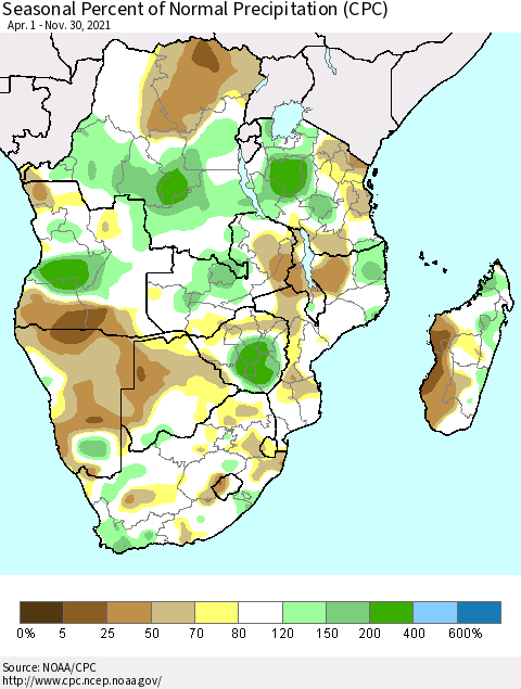 Southern Africa Seasonal Percent of Normal Precipitation (CPC) Thematic Map For 4/1/2021 - 11/30/2021