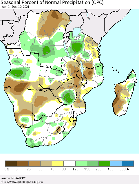 Southern Africa Seasonal Percent of Normal Precipitation (CPC) Thematic Map For 4/1/2021 - 12/10/2021
