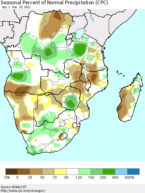 Southern Africa Seasonal Percent of Normal Precipitation (CPC) Thematic Map For 4/1/2021 - 12/20/2021
