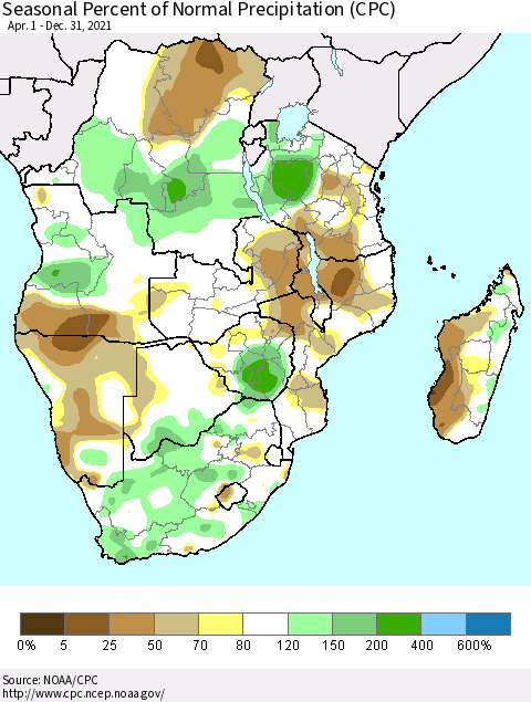 Southern Africa Seasonal Percent of Normal Precipitation (CPC) Thematic Map For 4/1/2021 - 12/31/2021