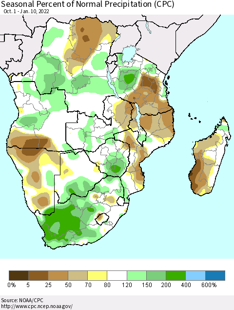 Southern Africa Seasonal Percent of Normal Precipitation (CPC) Thematic Map For 10/1/2021 - 1/10/2022