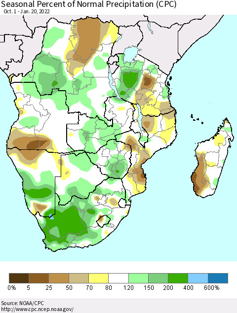 Southern Africa Seasonal Percent of Normal Precipitation (CPC) Thematic Map For 10/1/2021 - 1/20/2022
